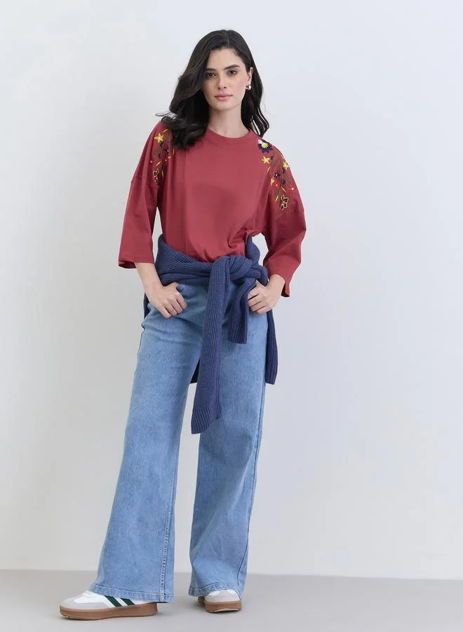 Styli Red Floral Embroidered Oversized T-Shirt